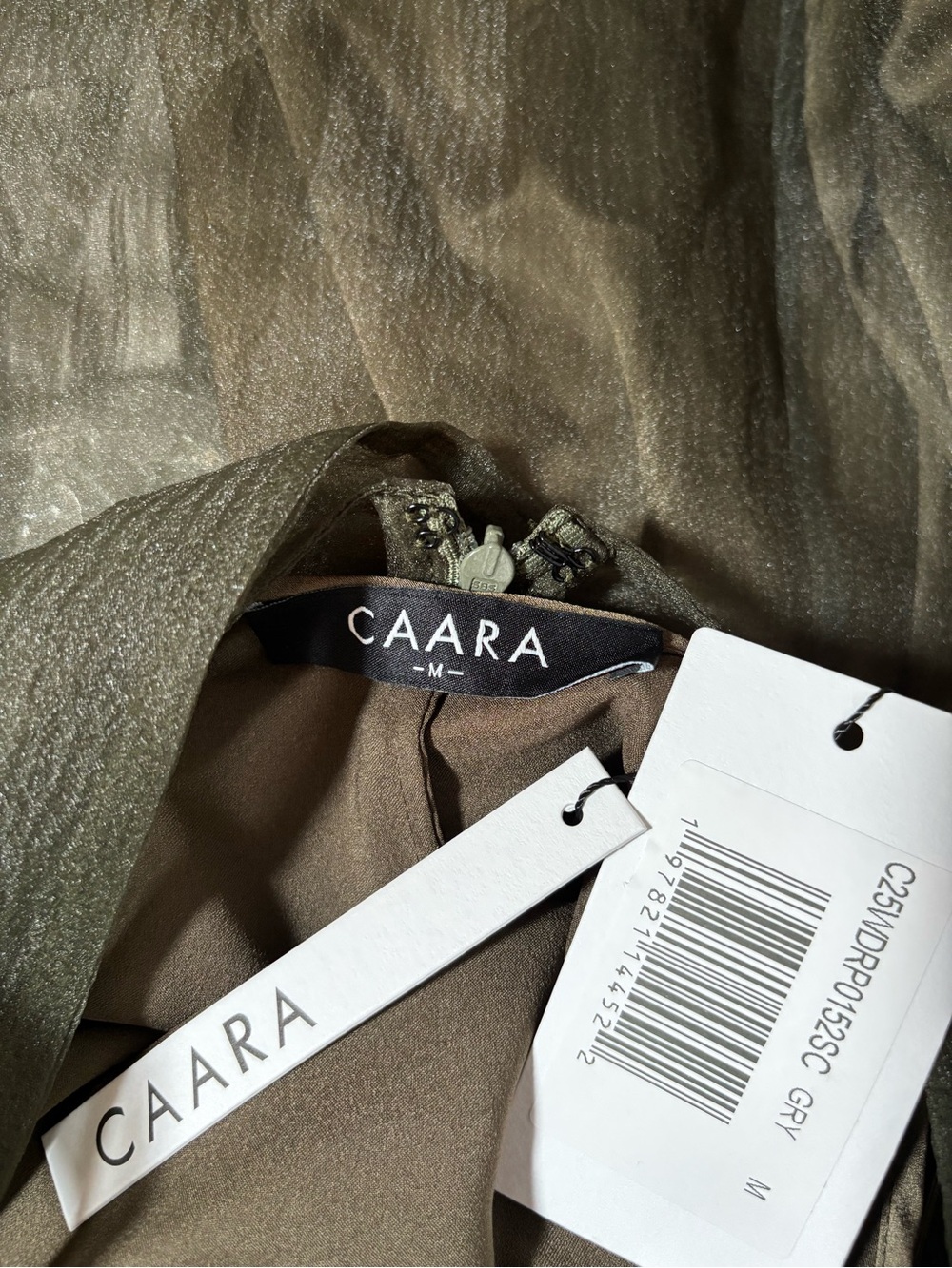 NWT CAARA Alette Organza Elegant Moss Grey Olive Few Moda Dress M - Picture 9 of 9